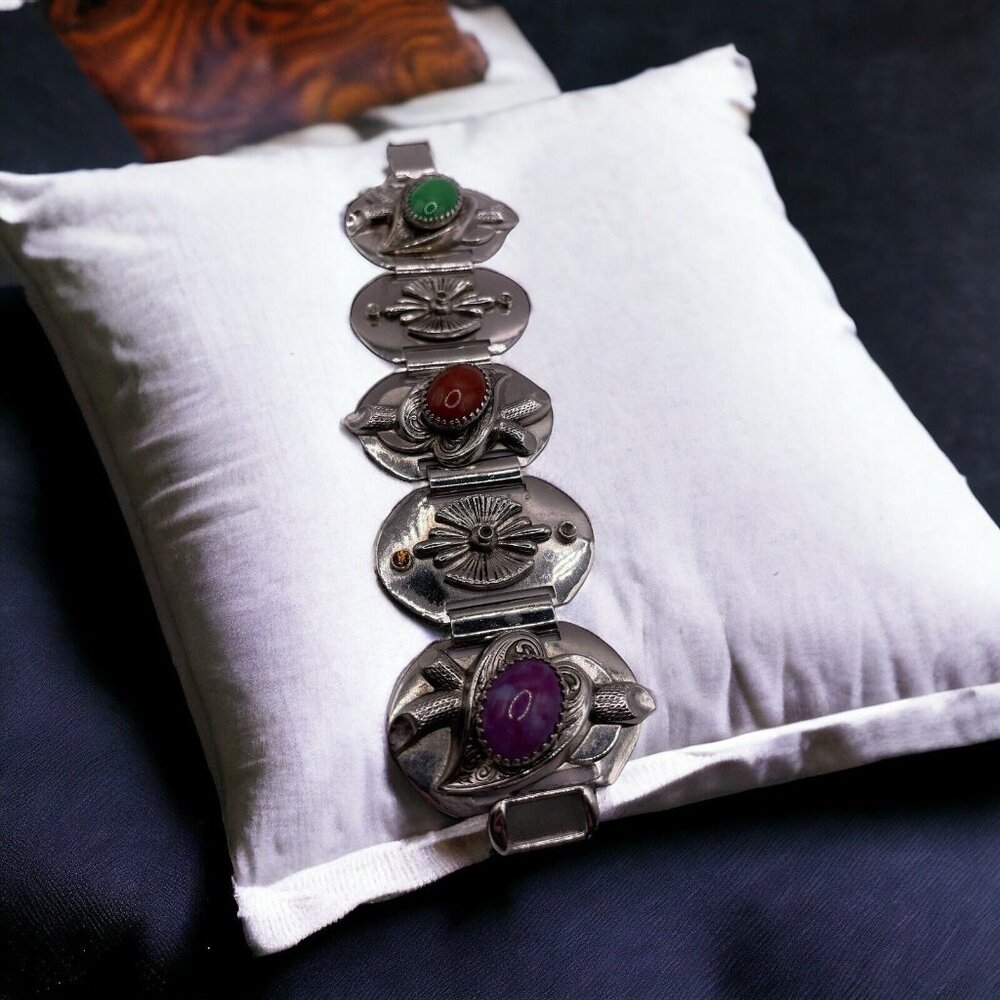 Vintage MARINO Wide Five Panel Bracelet Colored Stones‎ Read Missing Rhinestones